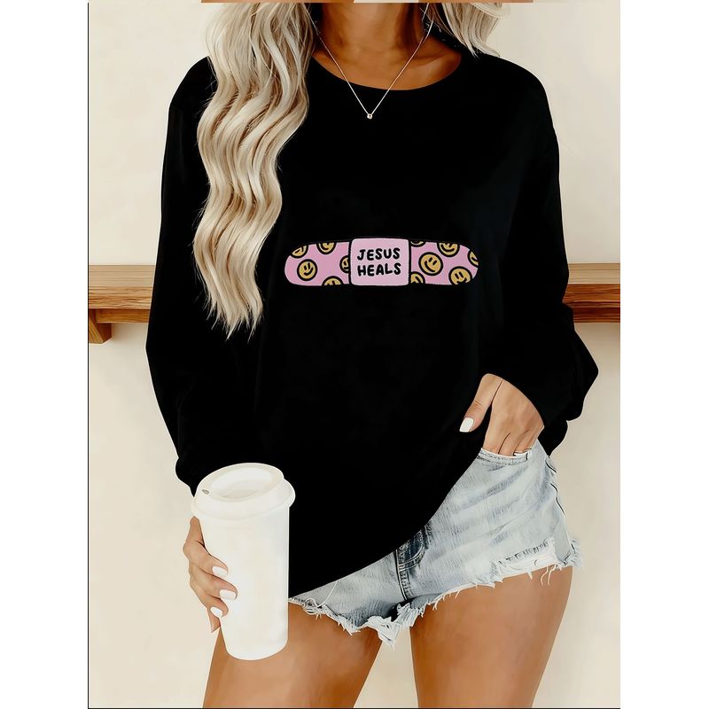 Blouse Off Shoulder - Damska, luźna koszulka z nadrukiem „Joyful